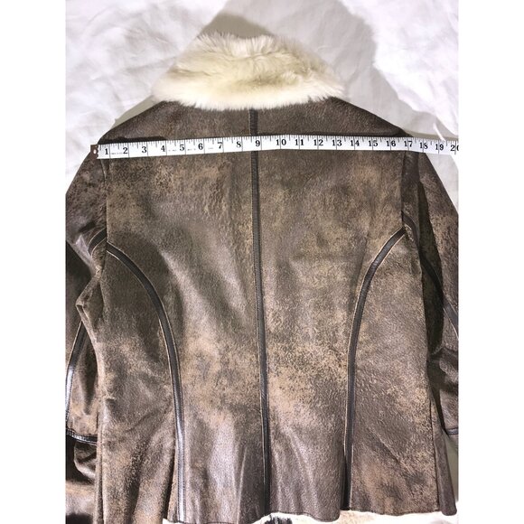 Express Women's Brown Distressed Leather Faux Fur Bomber Aviator Chore Jacket - Picture 8 of 9